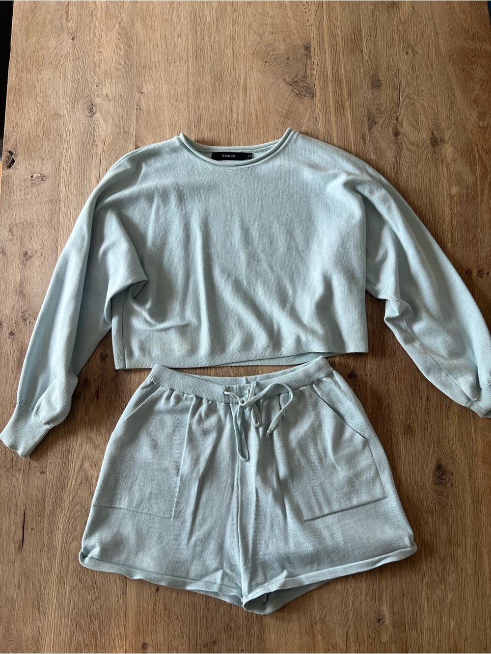 Light Blue Cozy Crop Sweatshirt & Drawstring Shorts Set